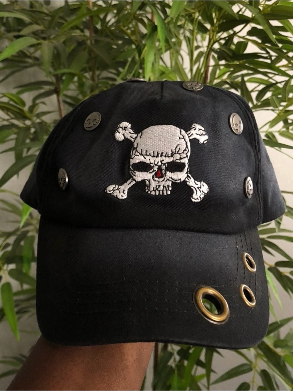 Y2K Black skull baseball cap trucker hat studs grommets eyelets goth punk grunge